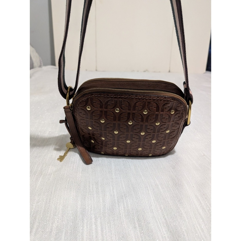 Fossil Brown Leather‎ Crossbody Bag Studded Logo Bag Key Charm Adjustable Strap